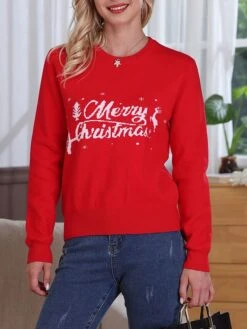 Women's Ugly Christmas Sweater Pullover Sweater Jumper Christmas Sweaters Crew Neck Ribbed Knit Polyester Knitted Fall Winter Regular Outdoor Christmas Daily Stylish Casual Soft Long Sleeve Letter Red