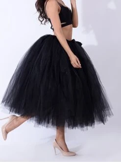 Women's Skirt Tulle Midi Black White Red Purple Skirts Summer Layered Tulle Lined Basic Party Christmas One-Size