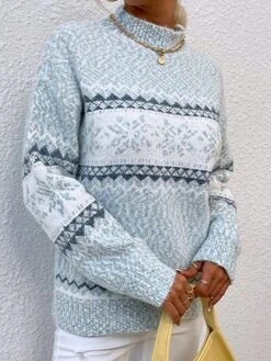 Women's Ugly Christmas Sweater Pullover Sweater Jumper Stand Collar Ribbed Knit Polyester Patchwork Fall Winter Regular Outdoor Christmas Daily Stylish Casual Soft Long Sleeve Snowflake Pink Blue -Xmas Cothing Store exyecv1696903375435