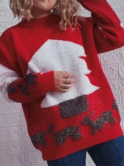 Women's Ugly Christmas Sweater Pullover Sweater Jumper Crew Neck Ribbed Knit Polyester Patchwork Fall Winter Regular Outdoor Christmas Daily Stylish Casual Soft Long Sleeve Elk Christmas Tree Red -Xmas Cothing Store eyawxt1696903344454