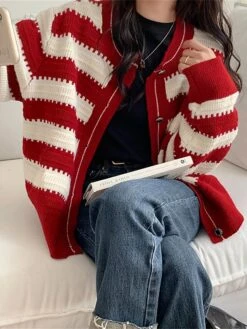 Women's Ugly Christmas Sweater Cardigan Sweater Jacket Crew Neck Ribbed Knit Wool Button Knitted Fall Winter Regular Outdoor Christmas Daily Stylish Casual Soft Long Sleeve Color Block Striped Black -Xmas Cothing Store eybigi1697290873036