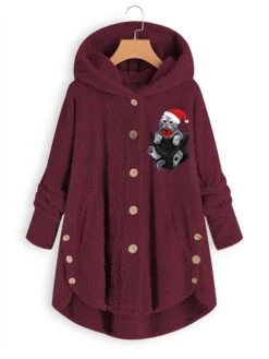 Women‘s Plus Size Christmas Fleece Jacket Teddy Coat Warm Button Pocket Animal Cat Hat Outdoor Xmas Long Sleeve Hooded Regular Winter Fall Black Pink Wine L XL XXL 3XL 4XL -Xmas Cothing Store eyexfr1667466893194