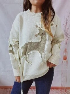Women's Ugly Christmas Sweater Pullover Sweater Jumper Crew Neck Ribbed Knit Polyester Patchwork Fall Winter Regular Outdoor Christmas Daily Stylish Casual Soft Long Sleeve Elk Red Beige S M L -Xmas Cothing Store ezmeex1696918508480