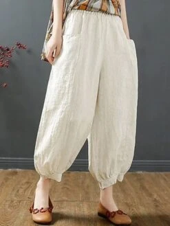 Women‘s Bloomers Baggy Cropped Pants Ankle-Length Cotton Pocket Cotton Linen Micro-elastic High Waist Streetwear Xmas Simple Outdoor Christmas Rice White Black M L Summer Fall -Xmas Cothing Store eztaic1690959771303