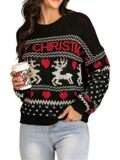 Women's Ugly Christmas Sweater Pullover Sweater Jumper Crew Neck Ribbed Knit Polyester Oversized Fall Winter Short Xmas Daily Going Out Stylish Casual Soft Long Sleeve Heart Letter Elk Black S M -Xmas Cothing Store ezydna1695209509947
