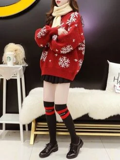 Women's Ugly Christmas Sweater Pullover Sweater Jumper Crew Neck Crochet Knit Cotton Knitted Fall Winter Christmas Holiday Xmas Casual Long Sleeve Snowflake Black Red Green One-Size -Xmas Cothing Store farrlc1660880876901