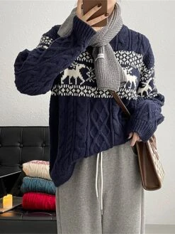 Women's Ugly Christmas Sweater Pullover Sweater Jumper Christmas Sweaters Crew Neck Cable Knit Acrylic Knitted Fall Winter Regular Outdoor Christmas Daily Fashion Casual Soft Long Sleeve Elk Snowflake -Xmas Cothing Store fbdxdw1697785162319