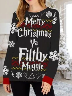 Women's Ugly Christmas Sweater Pullover Sweater Jumper Crew Neck Ribbed Knit Polyester Print Fall Winter Regular Outdoor Xmas Holiday Stylish Casual Soft Long Sleeve Letter Black Red S M L -Xmas Cothing Store fbqvnv1695383356538