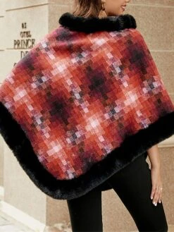 Women's Cloak / Capes Faux Fur Trim Christmas Party Pullover Hoodie Warm Street Daily Wear Vacation Fashion Street Xmas Style Plaid Regular Fit Outerwear Long Sleeve Fall Winter Blue Fuchsia Orange -Xmas Cothing Store fdtvhl1692950037182