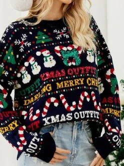Women's Ugly Christmas Sweater Pullover Sweater Jumper Crew Neck Ribbed Knit Acrylic Knitted Fall Winter Outdoor Christmas Daily Stylish Casual Soft Long Sleeve Letter Snowman Xmas Tree Navy Blue -Xmas Cothing Store ffbiae1667543492357