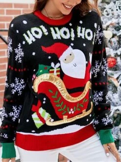 Women's Ugly Christmas Sweater Pullover Sweater Jumper Turtleneck Ribbed Knit Acrylic Patchwork Fall Winter Regular Xmas Daily Going Out Stylish Casual Soft Long Sleeve Santa Claus Black Red S M -Xmas Cothing Store ffliox1695029189774
