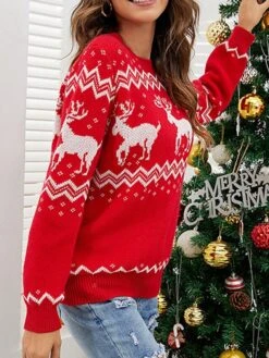 Women's Ugly Christmas Sweater Pullover Sweater Jumper Crew Neck Ribbed Knit Cotton Polyester Knitted Fall Winter Outdoor Xmas Holiday Stylish Casual Soft Long Sleeve Geometric Elk Red S M L -Xmas Cothing Store fgrykc1666854044045