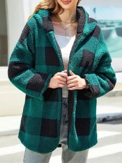 Women's Fleece Sherpa Jacket Winter Plaid Sherpa Jacket Christmas Open Front Fall Fit Thermal Warm WindproofCoat Casual Daily Xmas Street Jacket Long