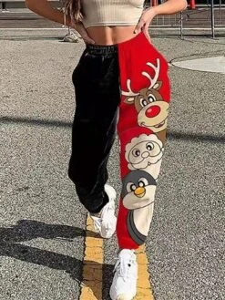 Women's Sweatpants Pants Trousers Harem Pants Full Length Active Vacation Outdoor Christmas Pure Black + Red Bottom Deer Moon Shaped Santa Claus S M Fall Winter -Xmas Cothing Store fhgumf1696839090060