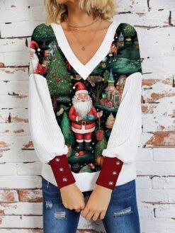 Women's Ugly Christmas Sweater Pullover Sweater Jumper V Neck Crochet Knit Print Drop Shoulder Fall Winter Regular Christmas Stylish Casual Soft Long Sleeve Santa Claus Snowflake Black Wine Beige S M