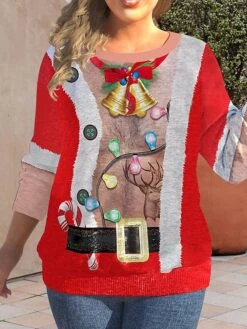 Women's Ugly Christmas Sweater Plus Size Pullover Sweater Jumper Jumper Ribbed Knit Regular Print Santa Claus Crew Neck Stylish Casual Outdoor Xmas Fall Winter Red Green XL 2XL 3XL