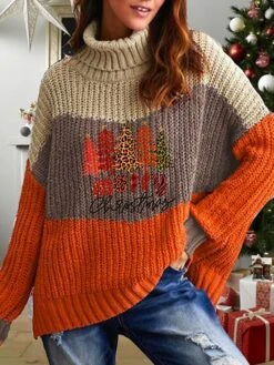 Women's Pullover Sweater Jumper Turtleneck Fuzzy Knit Cotton Blend Oversized Fall Winter Regular Date Weekend Casual Soft Long Sleeve Leopard Christmas Tree Fuchsia Orange S M L