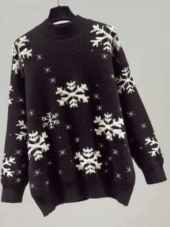 Women's Ugly Christmas Sweater Pullover Sweater Jumper Stand Collar Ribbed Knit Nylon Patchwork Fall Winter Regular Outdoor Christmas Daily Stylish Casual Soft Long Sleeve Snowflake Black Red One-Size -Xmas Cothing Store fjumwm1697103869930