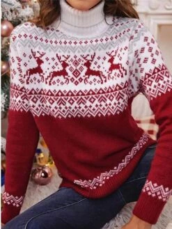 Women's Ugly Christmas Sweater Pullover Sweater Jumper Turtleneck Ribbed Knit Polyester Knitted Fall Winter Outdoor Xmas Holiday Stylish Casual Soft Long Sleeve Elk Snowflake Red S M L