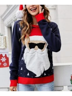Women's Ugly Christmas Sweater Xmas Pullover Sweater Jumper Crew Neck Knit Fall Winter Christmas Holiday Vintage Style Soft Long Sleeve Santa Claus Navy Blue S M L