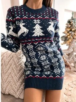 Women‘s Christmas Sweater Dress Wrap Dress Knit Dress Mini Dress Red Dark Blue Grey Long Sleeve Print Modern Style Fall Winter Round Neck Sexy Party Christmas Holiday Slim 2022 S M L XL XXL -Xmas Cothing Store fkpjjt1629871510288