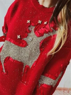 Women's Ugly Christmas Sweater Pullover Sweater Jumper Crew Neck Ribbed Knit Polyester Patchwork Fall Winter Regular Outdoor Christmas Daily Stylish Casual Soft Long Sleeve Elk Red Beige S M L -Xmas Cothing Store flrdxa1696918494342