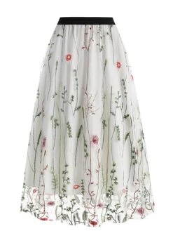Women's Skirt Swing Midi Tulle Apricot Black White Red Skirts Fall & Winter Floral Embroidered High Waist Vintage Elegant Christmas Xmas Street M L XL -Xmas Cothing Store flslnl1694271027526