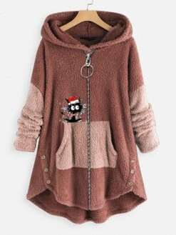 Women‘s Plus Size Christmas Fleece Jacket Teddy Coat Warm Button Pocket Animal Cat Causal Long Sleeve Hooded Regular Xmas Winter Fall Green Pink Dark Gray L XL XXL 3XL 4XL -Xmas Cothing Store flvqzz1667564225732