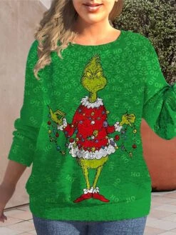 Women's Ugly Christmas Sweater Pullover Sweater Jumper Crew Neck Ribbed Knit Polyester Print Fall Winter Regular Xmas Daily Going Out Stylish Plus Size Casual Long Sleeve Print Wine Green XL 2XL
