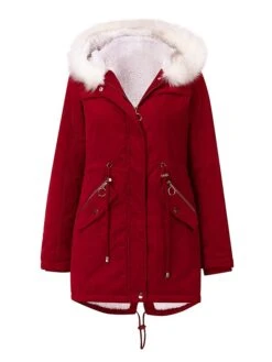 Women's Winter Coat Thicken Puffer Jacket Christmas Warm Fleece Parka With Removable Faux Fur Hood Zipper Drawstring Heated Coat Pocket Classic Outdoor Xmas Windproof Outerwear Red Pink Black Green