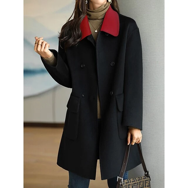 Women's Coat Windproof Warm Holiday Daily Wear Weekend Button Pocket Double Breasted Lapel Vintage Daily Christmas Solid Color Regular Fit Outerwear Long Sleeve Fall Winter Black Red S M L XL XXL 3XL 5 Women's Coat Windproof Warm Holiday Daily Wear Weekend Button Pocket Double Breasted Lapel Vintage Daily Christmas Solid Color Regular Fit Outerwear Long Sleeve Fall Winter Black Red S M L XL XXL 3XL - Image 3