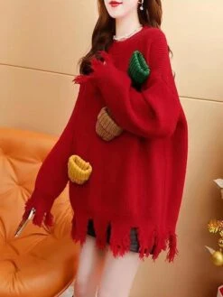 Women's Ugly Christmas Sweater Pullover Sweater Jumper Christmas Sweaters Crew Neck Ribbed Knit Polyester Tassel Knitted Fall Winter Regular Outdoor Christmas Daily Stylish Casual Soft Long Sleeve