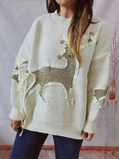 Women's Ugly Christmas Sweater Pullover Sweater Jumper Crew Neck Ribbed Knit Polyester Patchwork Fall Winter Regular Outdoor Christmas Daily Stylish Casual Soft Long Sleeve Elk Red Beige S M L -Xmas Cothing Store fngucm1696918513980