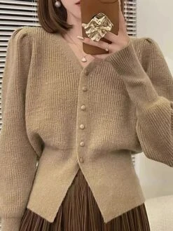 Women's Cardigan Sweater Jacket V Neck Ribbed Knit Polyester Button Knitted Fall Winter Regular Outdoor Christmas Daily Stylish Casual Soft Long Sleeve Solid Color Red Purple Khaki S M L -Xmas Cothing Store fnhfuy1697290899364