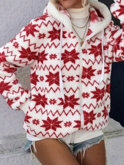 Women's Fleece Jacket Sherpa Jacket Teddy Coat Windproof Warm Christmas Street Daily Wear Vacation Zipper Pocket Print Zipper Hoodie Fashion Plush Modern Casual Snowflake Regular Fit Outerwear Long -Xmas Cothing Store foukeu1697593803929