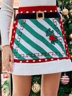 Women's Skirt A Line Mini Acrylic Red Skirts Fall & Winter Patchwork Knitting Belt Included High Waist Fashion Casual Christmas Xmas Street M L XL