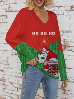 Women's Ugly Christmas Sweater Pullover Sweater Jumper V Neck Ribbed Knit Polyester Knitted Print Fall Winter Regular Outdoor Xmas Holiday Daily Stylish Casual Long Sleeve Santa Claus Wine Red S