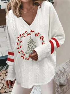 Women's Pullover Sweater Jumper V Neck Crochet Knit Polyester Print Fall Winter Christmas Holiday Casual Soft Long Sleeve Snowman Xmas Tree Red Brown Black White S M L -Xmas Cothing Store fqkmgp1693393393119