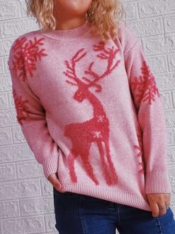 Women's Ugly Christmas Xmas Sweater Pullover Sweater Jumper Crew Neck Crochet Knit Polyester Knitted Fall Winter Christmas Holiday Stylish Casual Soft Long Sleeve Animal Pink Red Green S M L -Xmas Cothing Store fqlegw1659955135346