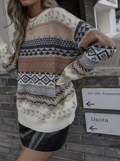 Women's Ugly Christmas Sweater Pullover Sweater Jumper Crew Neck Ribbed Knit Woolen Patchwork Fall Winter Regular Outdoor Christmas Daily Stylish Ethnic Style Casual Long Sleeve Geometric Striped Red -Xmas Cothing Store frsvpb1696992122224