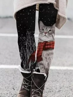 Women's Xmas Tights Leggings Dark Grey Matt Black Creamy-white Fashion Christmas Cat Maple Casual Full Length Thermal Warm Cat S M L XL 2XL -Xmas Cothing Store fsrltb1665660341039