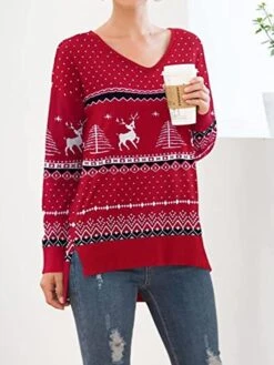 Women's Ugly Christmas Sweater Pullover Sweater Jumper Christmas Sweaters V Neck Ribbed Knit Polyester Split Knitted Asymmetric Hem Fall Winter Regular Outdoor Christmas Daily Stylish Casual Soft -Xmas Cothing Store ftcmws1697290873376