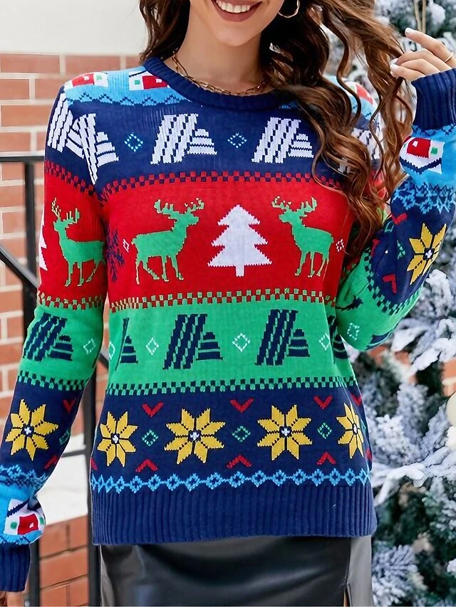 Women's Ugly Christmas Sweater Pullover Sweater Jumper Crew Neck Ribbed Knit Acrylic Patchwork Fall Winter Regular Xmas Daily Going Out Stylish Casual Soft Long Sleeve Color Block Elk Blue S M L 3 Women's Ugly Christmas Sweater Pullover Sweater Jumper Crew Neck Ribbed Knit Acrylic Patchwork Fall Winter Regular Xmas Daily Going Out Stylish Casual Soft Long Sleeve Color Block Elk Blue S M L