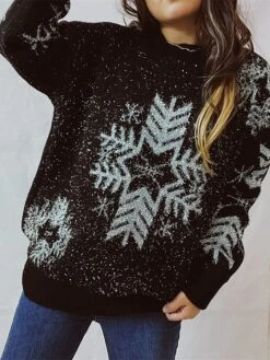 Women's Pullover Sweater Jumper Christmas Sweaters Crew Neck Chunky Knit Polyester Embroidery Knitted Spring Fall Winter Regular School Christmas Daily Fashion Cute Daily Long Sleeve Snowflake Black -Xmas Cothing Store ftyhhe1697627090124