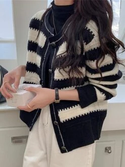 Women's Ugly Christmas Sweater Cardigan Sweater Jacket Crew Neck Ribbed Knit Wool Button Knitted Fall Winter Regular Outdoor Christmas Daily Stylish Casual Soft Long Sleeve Color Block Striped Black -Xmas Cothing Store fvahdl1697290875809