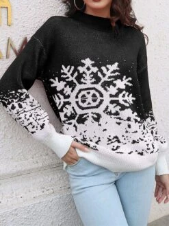 Women's Ugly Christmas Sweater Pullover Sweater Jumper Crew Neck Ribbed Knit Acrylic Oversized Fall Winter Short Xmas Daily Going Out Stylish Casual Soft Long Sleeve Snowflake Black Red S M L -Xmas Cothing Store fwqvwl1695209509891