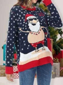 Women's Ugly Christmas Sweater Pullover Sweater Jumper Christmas Sweaters Crew Neck Ribbed Knit Acrylic Knitted Print Fall Winter Regular Outdoor Christmas Daily Fashion Casual Soft Long Sleeve Santa