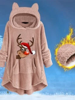Women's Fleece Jacket Sherpa Jacket Teddy Coat Windproof Warm Outdoor Christmas Daily Wear Going Out Pocket Print Pullover Hoodie Plush Casual Daily Comfortable Xmas Elk Regular Fit Outerwear