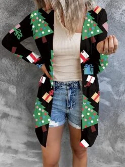 Women's Cardigan Sweater Open Front Ribbed Knit Polyester Button Fall Winter Short Christmas Daily Going Out Stylish Casual Soft Long Sleeve Elk Snowman Xmas Tree Blue Snowman Red Cat Black