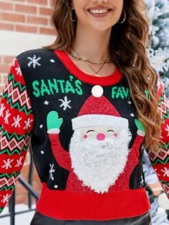 Women's Ugly Christmas Sweater Pullover Sweater Jumper Crew Neck Ribbed Knit Acrylic Patchwork Fall Winter Short Xmas Daily Going Out Stylish Casual Soft Long Sleeve Santa Claus Black S M L -Xmas Cothing Store fyafws1695029188405